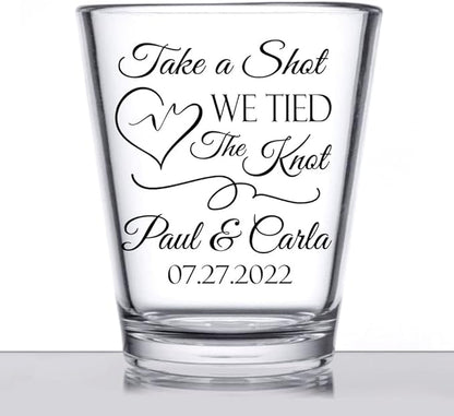 Personalized wedding shot glasses, take a shot we tied the knot, cute customizable wedding favors for guests, custom shot glasses, personalized wedding favors, wedding glasses