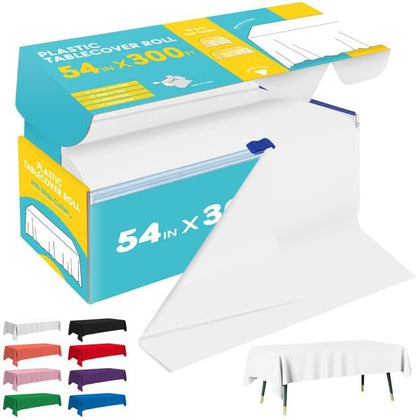 White Plastic Table Cover Roll - 54IN x 300FT, Table Cloth for Rectangle Table with Slide Cutter, Plastic Table Cloth Disposable with Cut-to-Size Design for Weddings, Banquets, Parties