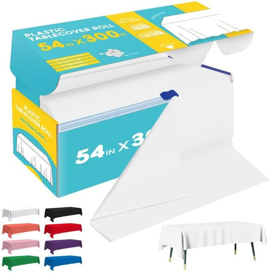 White Plastic Table Cover Roll - 54IN x 300FT, Table Cloth for Rectangle Table with Slide Cutter, Plastic Table Cloth Disposable with Cut-to-Size Design for Weddings, Banquets, Parties