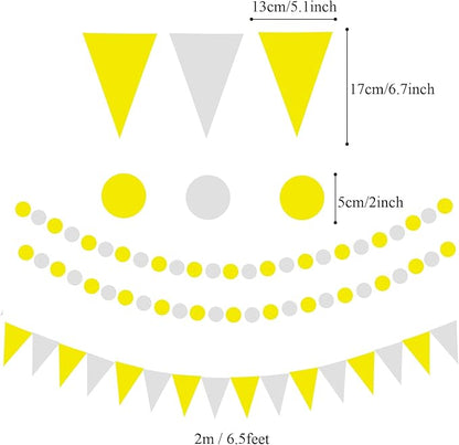 ZERODECO Party Decoration, 21 Pcs Yellow Hanging Paper Fans Pom Poms Flowers, Garlands String Polka Dot and Triangle Bunting Flags for Minnie Mouse Birthday Parties Baby Showers Wedding