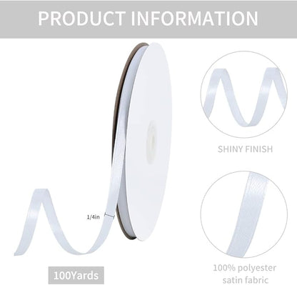 TONIFUL 1/4 Inch x 100yds White Satin Ribbon, Thin Solid Color Satin Ribbon for Gift Wrapping, Crafts, Hair Bows Making, Wedding Party Decoration, Invitation Cards, Floral Bouquets,Halloween,Christmas