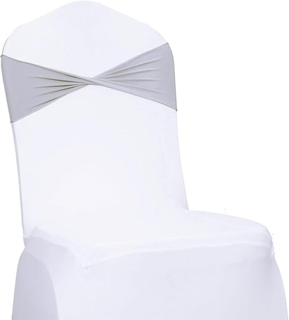 MDS Pack of 50 Spandex Chair Sashes Bows Elastic Stretch Dining Chair Bands Ties Without Slider Buckle Universal fits for Wedding Baby Shower Birthday Party Banquet Event Decoration - Light Silver