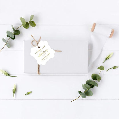 Andaz Press Personalized Fancy Frame Square Wedding Gift Tag, Metallic Gold Custom Tags, Thank You for Celebrating with US, 24-Pack, Custom Name Thank You Tag, 2x2 Personalized Gift Tags for Favors
