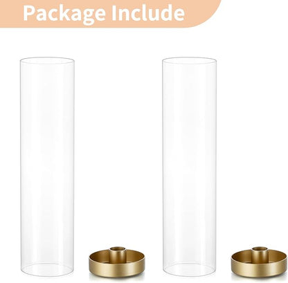 NUPTIO Gold Taper Candle Holders: 2 Pcs Hurricane Metal Candlestick Holder Stand with 11.81 inch Tall Clear Glass Open Ended Cylinder Covers for Tapered Candles Wedding Party Centerpieces for Tables