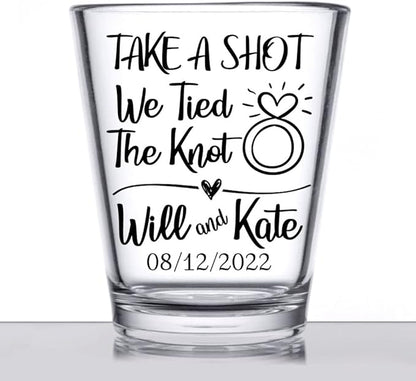 Personalized wedding shot glasses, take a shot we tied the knot, cute customizable wedding favors for guests, custom shot glasses, personalized wedding favors, wedding glasses