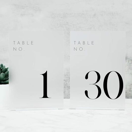 JINMURY Frosted Wedding Table Numbers 1-30 with Stands, 5"x7" Frosted Acrylic Table Numbers, Perfect for Wedding Reception, Party, Anniversary, Event (1-30, 5"x7")