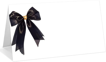 25 Pack Black Bow Place Cards, Editable Name Cards for Table Setting, Tent Cards Food Label for Dinner Party, Bridal Shower, Wedding, Baby Shower and Events -T29
