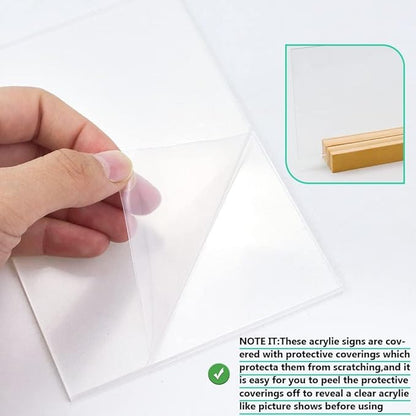 8 Pack 5 x 7 Inch Blank Clear Acrylic Table Displays with Wooden Stands - Ideal for DIY Name Cards, Menu Numbers, and Event Party Decorations（SINGLE LAYER）