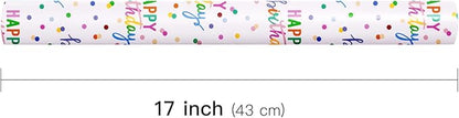 LeZakaa Birthday Wrapping Paper Roll, Happy Birthday Lettering & Colored Polka Dots Design in White for Holiday, Party, Baby Shower, 17 inches x 32.8 Feet (46.45 sq.ft.)
