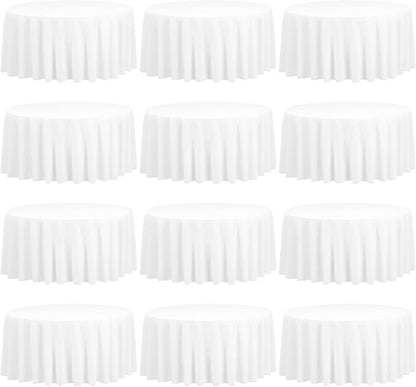 12 Pack 108 Inch Round Tablecloth, White Polyester Fabric Table Cloth for Round Table, Stain and Wrinkle Washable TableCover for Wedding Party Dining TableBuffet Restaurant Banquet and Camping