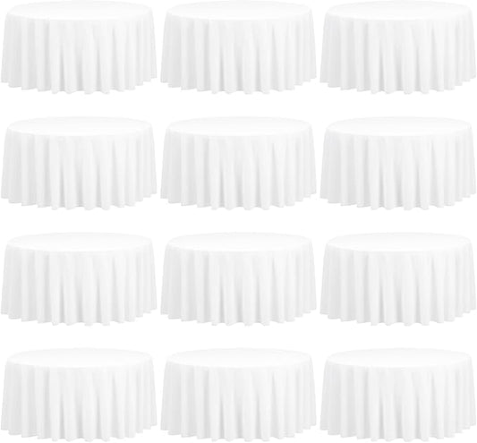 12 Pack 120 Inch Round Tablecloth, White Polyester Fabric Table Cloth for Round Table, Washable Tablecover for Wedding Party Dining Buffet Banquet Restaurant and Camping