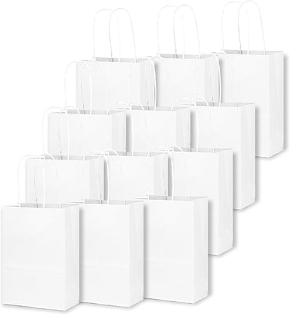 qiqee 25 Pcs White Mini Paper Gift Bags with Handles 6"x4.5"x2.5" Small Brown Kraft Party Favor Treat Bags Multiple Uses (Mini size)