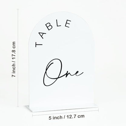 JINMURY White Arch Wedding Table Numbers 1-15 with Stands, 5x7 Inch Acrylic Arch Sign with Black Lettering, White Acrylic Table Numbers for Wedding Reception