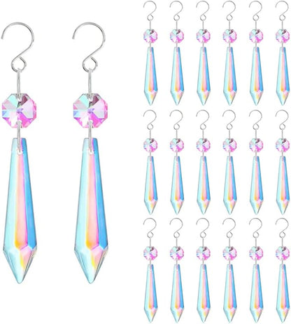 20PCS Chandelier Icicle Crystal Prisms Suncatcher,55mm Chandelier Crystals Replacement, AB Colors Crystals for Chandeliers with Hooks for Windows Wedding Lamp Decoration