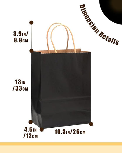 qiqee 50-Packs Black Paper Gift Bags with Handles Bulk 13"x10.3"x4.6" Large Size Party Favor Bags Multiple Uses