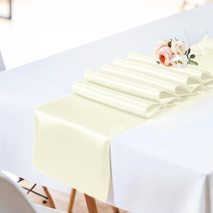 SHEJIZE 20 Pack White Satin Table Runner 12x108 Inches Long, Bright Silky Smooth Satin Table Runner Table Decor for Wedding Banquet Christmas Prom Event Birthday Party
