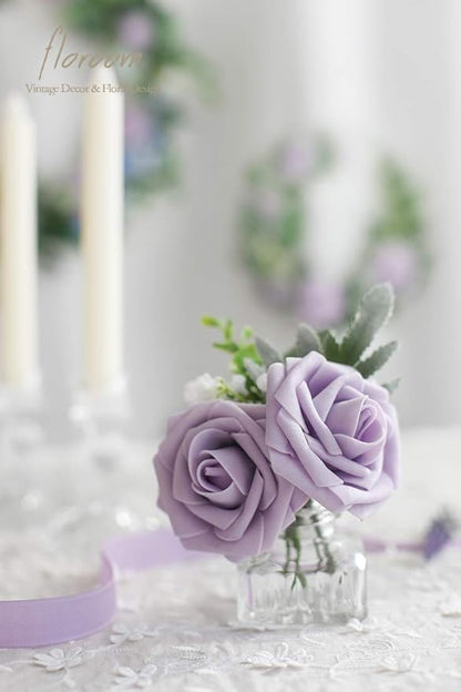 Floroom Artificial Flowers 25pcs Real Looking Lilac Foam Fake Roses with Stems for DIY Wedding Bouquets Bridal Shower Centerpieces Floral Arrangements Party Tables Home Decorations