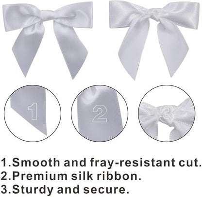2.5" Hgzgch White Satin Ribbon Bow for Gift Wrapping, Premade Bows for Crafts, Cake, Party Favors, Handmade Bows with Double-Sided Tape, Self Adhesive Gift Bows for Presents, Treats, Christmas - 50pcs