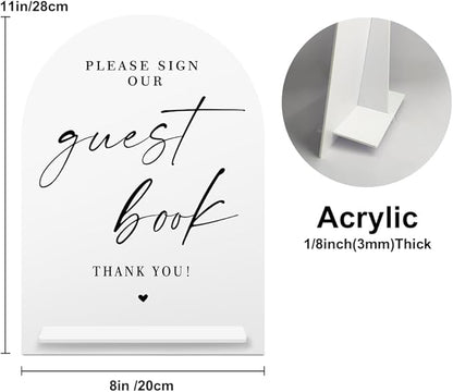 White Acrylic Guest Book Sign, Please Sign Our Guestbook Sign with Stand- 8x11 Inch Modern Calligraphy Arch Diagonal Acrylic Sign for Wedding Reception, Wedding Decoration Sign-bs-hlp05