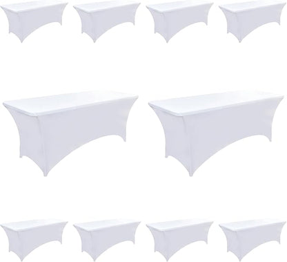 10-Pack 6ft White Spandex Table Covers for Rectangle Standard Folding Tables - Wrinkle Resistant Stretch Tablecloths - Ultimate Fitted Table Protector for Parties, Banquet, Wedding