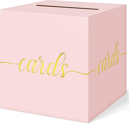 QIKSION Pink Wedding Card Box, Gold Foil Gift Card Box for Party, Wedding Reception, Graduation, Birthday, Baby Shower, Raffle