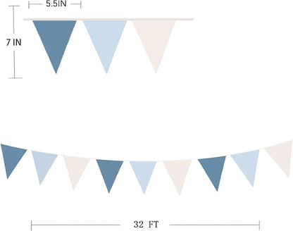 32Ft Blue Party Decorations Retro Blue Triangle Banner Flag Pennant Bunting Fabric Garland Streamers for Nautical Wedding Birthday Ahoy Achor Bridal Baby Shower Under The Sea Party Decoration