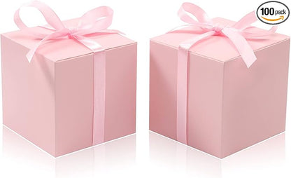 COTOPHER 100pcs Wedding Favor Boxes, Paper Gift Boxes 3x3x3 Inches Small Gift Boxes with Ribbons Small Boxes for Gifts, Crafting, Cupcake, Candy, Bridesmaid Proposal Boxes，Easy Assemble Boxes (Pink,