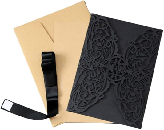 STOBOK Halloween Party Invitations - 10pcs Laser Cut Invitation Cards with Envelopes and Bowknots - Black Hollow Card Kits for Horror Party Supplies Weddings Baby Showers Event Celebrations 7.1x4.9in