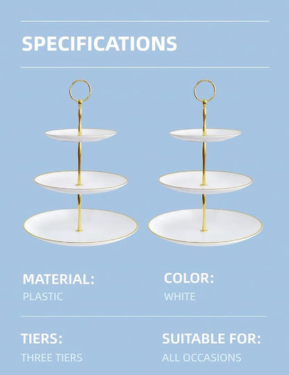 RAUVOLFIA 3 Tier Plastic Cupcake Stand, Tiered Serving Cake Stand, Round White Dessert Stand, Weddings Parties Pastry Serving Tray (2 Pack, White Plate with Gold Rim)