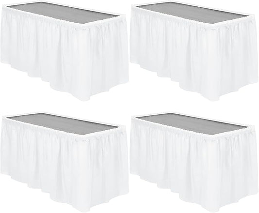 TURSTIN 4 Pieces White Plastic Table Skirts 14 Feet x 29 Inch for Rectangle Tables Fitted Tablecloth Disposable Table Cover for Birthday Party, Events, Banquette Baby Shower