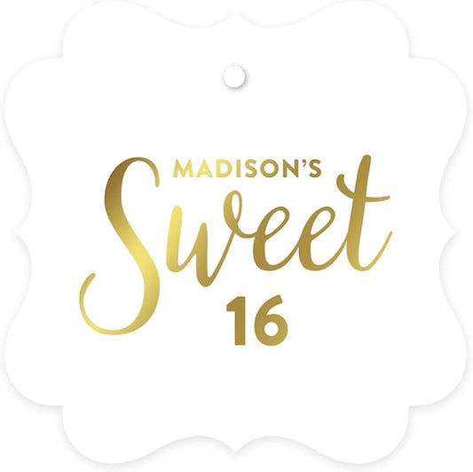 Andaz Press Personalized Fancy Frame Square Birthday Gift Tags, Metallic Gold Ink, Sweet 16 Birthday, 24-Pack, Custom Made Name, Gold Party Decor