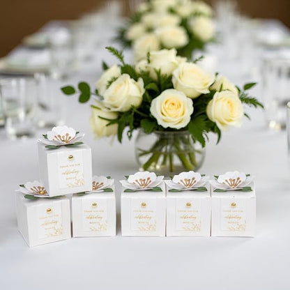 FEIYI 20 PCS Favor Boxes, 3 In 1 White Candy Boxes with Floral Decor, White Thank You Tags Gold Foil Print Gift wrapping for Wedding, Baby Shower, Birthday, Decorations Party - 2.55x2.55x2.55