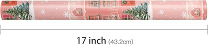 LeZakaa Pink Christmas Wrapping Paper Roll for Girls Kids, Winter Street Scene Romantic Townhouse with Snowflakes for Holiday Gifts, Family Friends, Winter Wonderland, Mini Roll 17 in x 16.4 Ft
