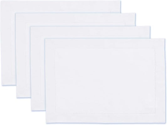 100% Pure Linen White Placemats 14 x 19 Inch - Hemstitch Christmas Placemats Set of 4 - Cloth Fabric Placemats for Thanksgiving, Winter, New Year - Elara