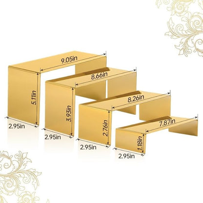 4 Pcs Gold Stainless Steel Display Risers, Display Stand for Cupcake Dessert Perfume Purse Handbag Shoe Jewelry and Funko Pop