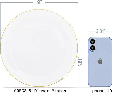 Festiva 50Pcs Gold Plastic Plates - 9 Inch White Plastic Plates with Gold Rim - Disposable Dinner Plates - include 50 salad&pasta Plate Perfect for Party&Wedding&Thanksgiving &Christmas