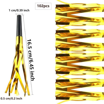 102 Pieces Glitter Gold Fringed Noise Maker Musical Blow Outs Musical Blowouts whistle Party Blow Horns for Kids Birthday Holiday New Years Party Favors Goodie Bag Stuffers Fillers