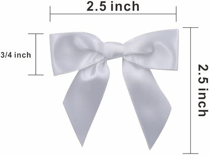 2.5" Hgzgch White Satin Ribbon Bow for Gift Wrapping, Premade Bows for Crafts, Cake, Party Favors, Handmade Bows with Double-Sided Tape, Self Adhesive Gift Bows for Presents, Treats, Christmas - 50pcs