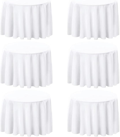 6 Pack White 60 Inch Round Tablecloths. Stain and Winkle Resistant Polyester Washable White Table Cloths for Parties Wedding Dining