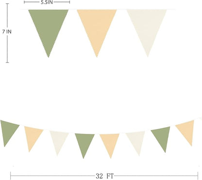 32Ft Camping Party Decorations Olive Green Tan Brown Cream Neutral Triangle Flag Fabric Banner Pennant Garland Streamers for Woodland Birthday Jungle Baby Shower Safari Camper Bachelorette Decor