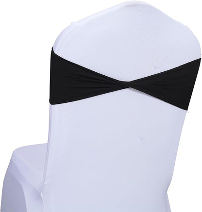 MDS Pack of 50 Spandex Chair Sashes Bows Elastic Stretch Dining Chair Bands Ties Without Slider Buckle Universal fits for Wedding Baby Shower Birthday Party Banquet Event Decoration - Black