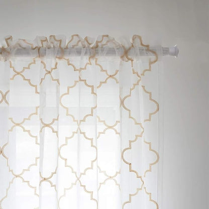 Sheer Curtains Gold 95 Inches Long, Rod Pocket Drapes for Living room, Bedroom, Embroidered Moroccan Tile Lattice Design Semi Crinkle Voile Curtain Panels for Patio, Villa, Parlor, Set of 2, 52"x95".