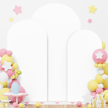 Metal Arch Backdrop Stand and White Wedding Arch Cover Set 7.2FT 6.6FT 6FT Wedding Arched Frame Balloon Arch Backdrop Stand with Spandex Arched Covers for Baby Shower Bridal Banquet Decor