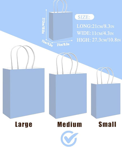 qiqee 50-Packs Light Blue Paper Gift Bags with Handles Bulk 11"x8.3"x4.3" Medium Size Paper Bags Multiple Uses