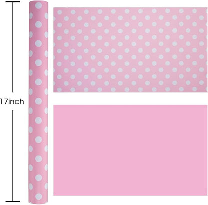 Burymento Pink and White Dots Wrapping Paper, Reversible Pink Gift Wrap for Birthday, Valentines, Mothers day, Graduation, Wedding, Fathers day, Baby Shower, Christmas (17in x 32.8ft)