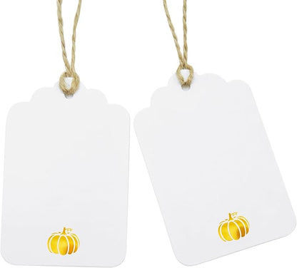 100 Pcs Blank Gift Tags with String Gold Foil Pumpkin Large White Paper Gift Tags with 65 Ft Jute Twine Cute Tags for Halloween Autumn Fall Harvest Thanksgiving Gift Wrap Tags