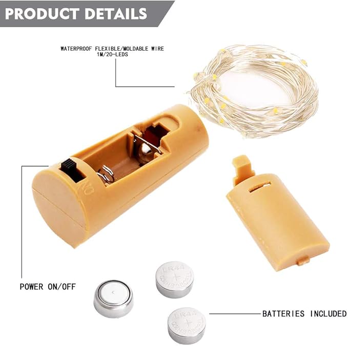 Bottle Lights 12 Pack 20 LEDs Cork Lights for Wine Bottles Battery (Included) Powered Fairy Mini String Lights for DIY Jar Lighting Indoor Bedroom Party Wedding Christmas Halloween Decor (Warm White)