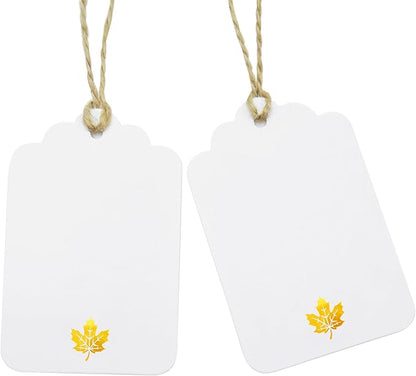 100 Pcs Blank Gift Tags with String Gold Foil Maple Leaf Fall Large Gift Tags with 65 Ft Jute Twine White Paper Cute Tags for Fall Autumn Thanksgiving Harvest Party Gift Wrap Tags