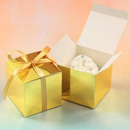 COTOPHER 100pcs Wedding Favor Boxes, Paper Gift Boxes 3x3x3 Inches Small Gift Boxes with Ribbons Small Boxes for Gifts, Crafting, Cupcake, Candy, Bridesmaid Proposal Boxes (Metallic Gold)
