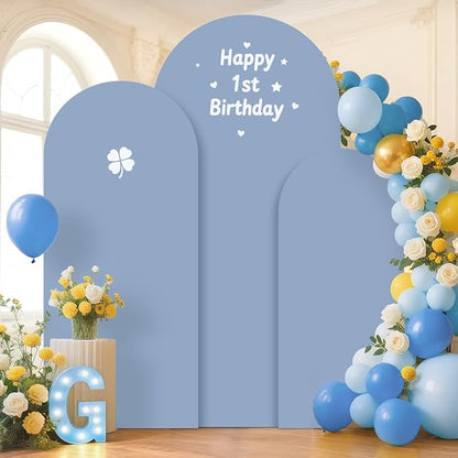 Arch Backdrop Stand and Cover Set of 3 6FT 6.6FT 7.2FT Dusty Blue Spandex Arch Backdrop Covers Set Metal Arch Frame Stand Balloon Arched Covers for Birthday Party Wedding Ceremony Reception